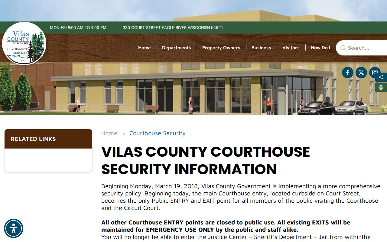 Vilas County criminal court docket courthouse public entrance information
