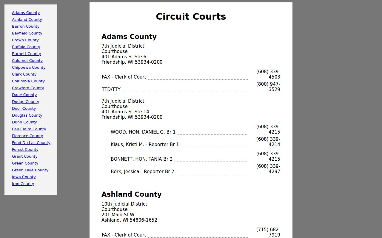 Vilas County civil court docket Ninth Judicial District branch directory